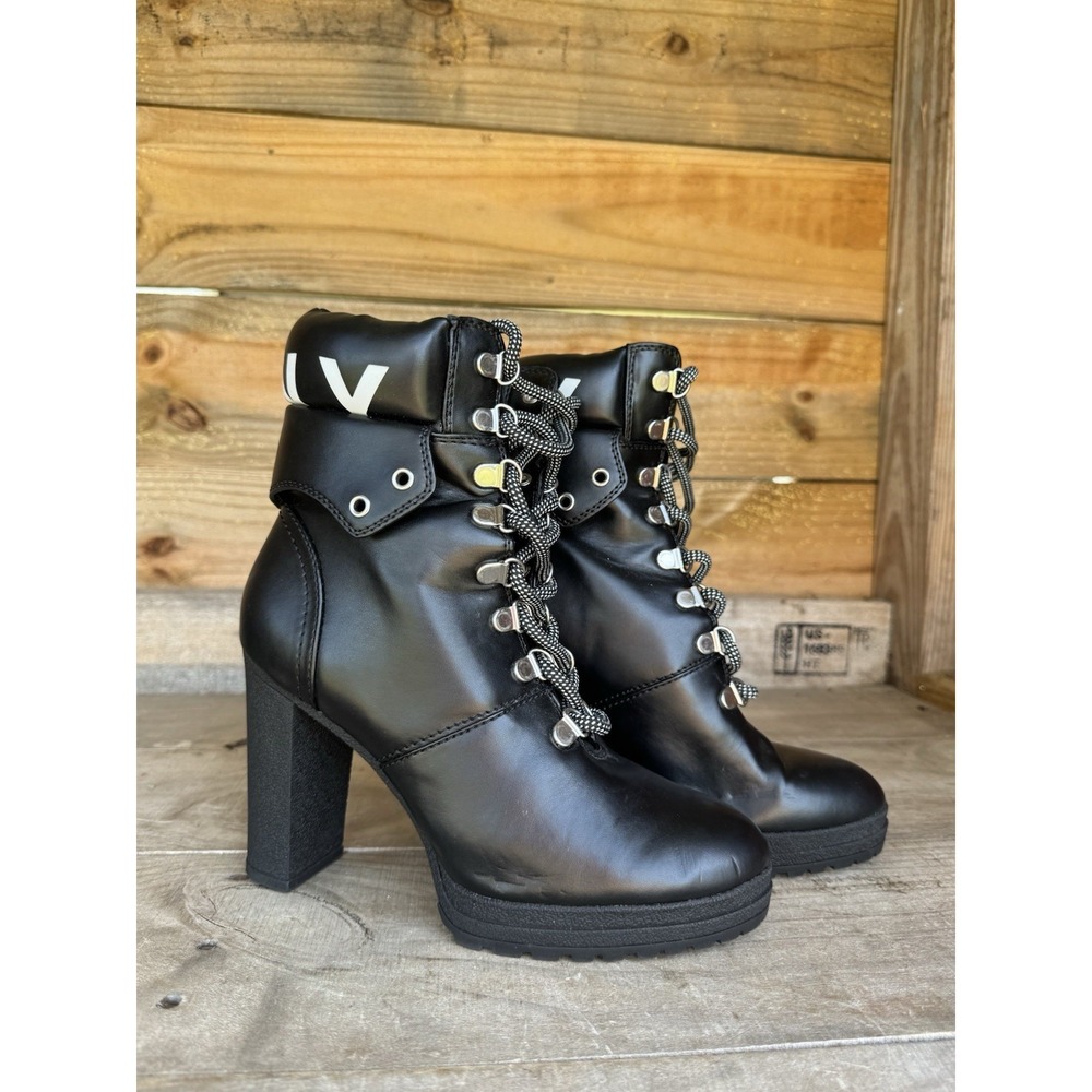 DKNY Boots Womens 7.5‎ M Lace Up Combat Block Heels Bootie Black Faux Leather